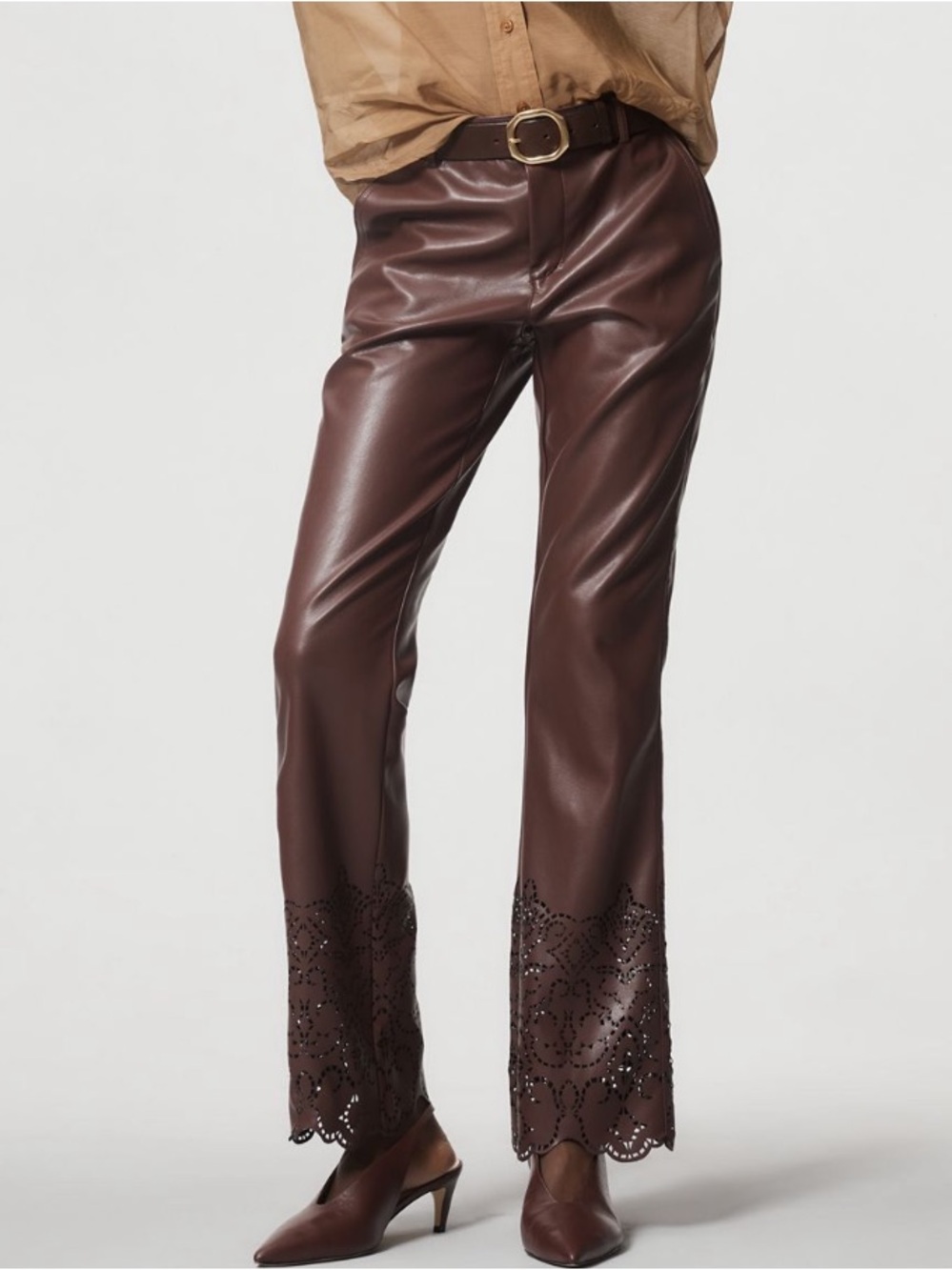 🟤NWT ANTHROPOLOGIE Faux Leather
Flare Pants w/Cutout Details Chocolate Sz 14